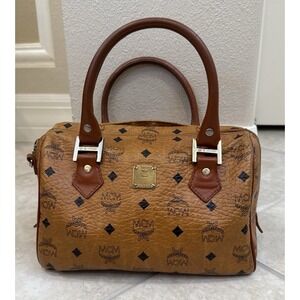 MCM Cognac Visetos Mini Satchel with Dark Brown Handles and Gold Hardware